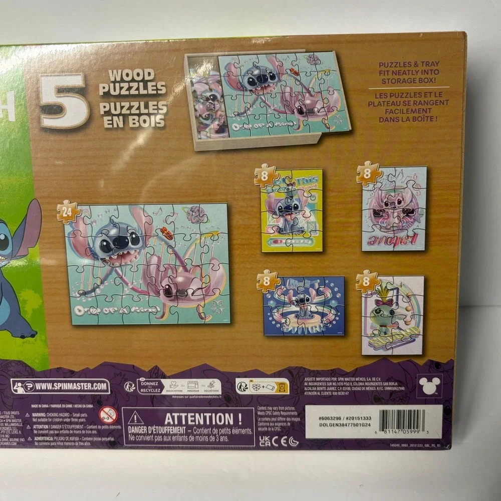 Disney Stitch 5 Wood Puzzles Set with Storage Tray Spin Master New Lilo & Angel